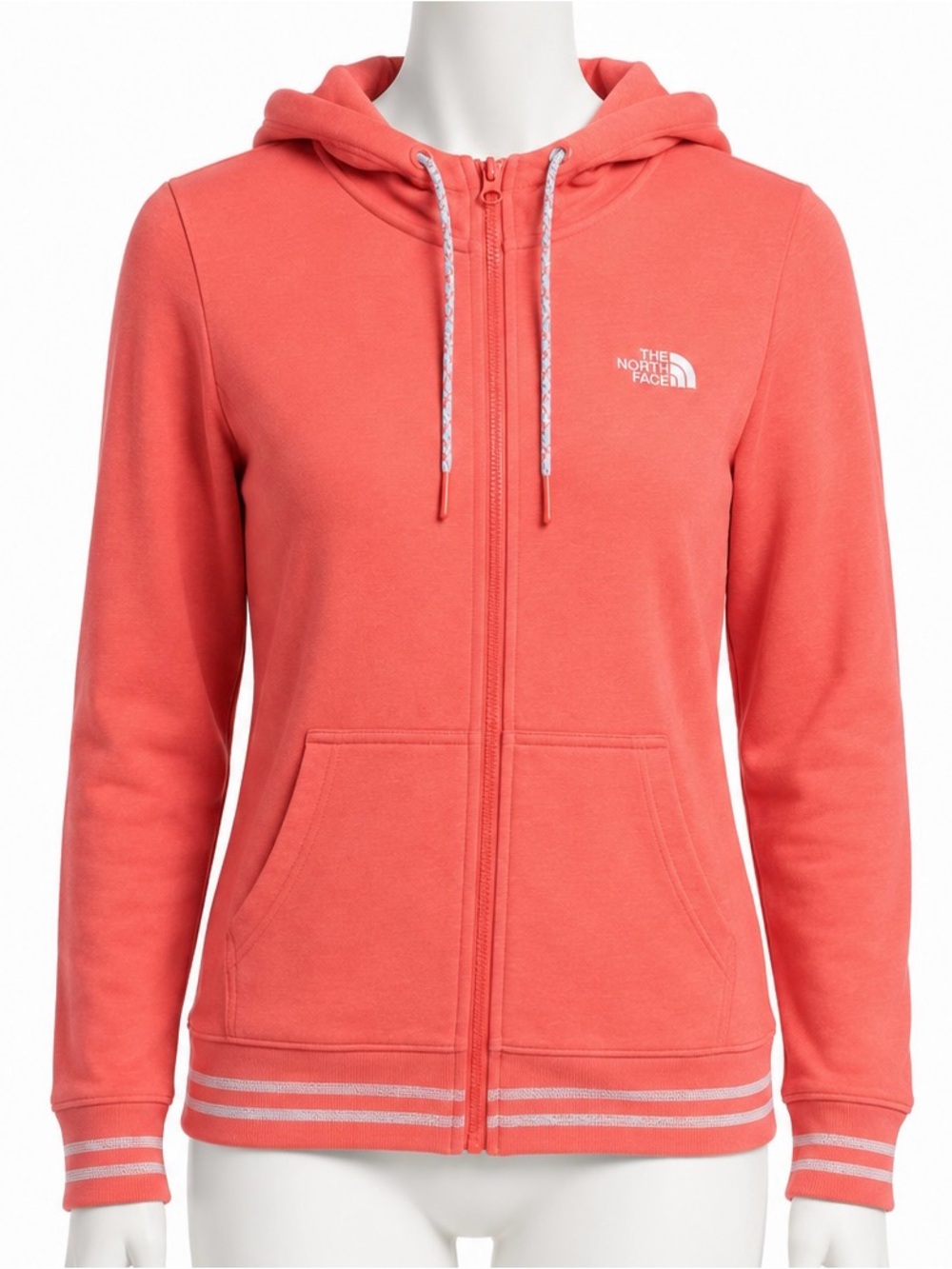 The North Face Women's Small Coral orange Full Zip Hoodie Striped Hem